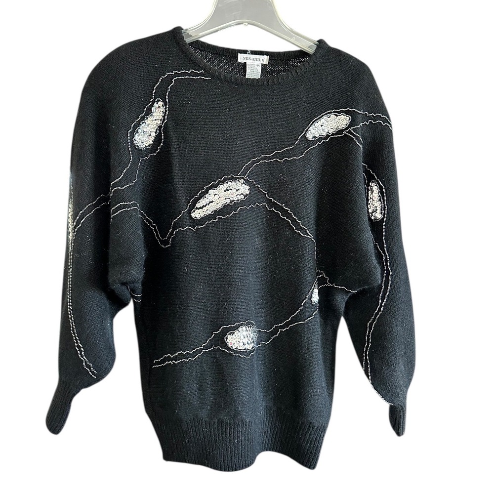 Susann d Black Silk Wool Blend Beaded Silver Sequin Artsy Sweater M Maximalism
